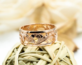 14K Gold 8mm Hawaiian Ring. Hand Engraved Cutout Plumeria