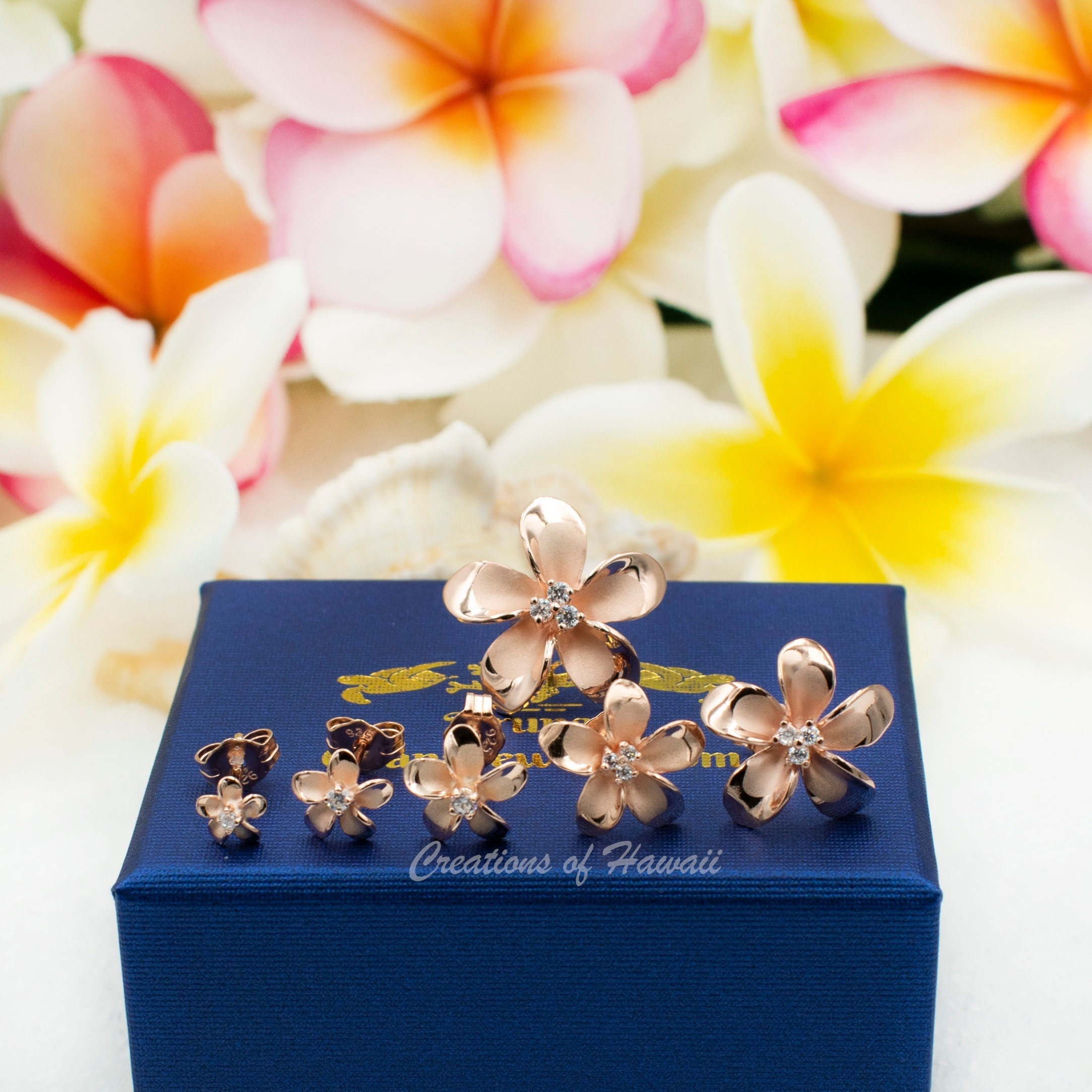 Rose Gold Plated Sterling Silver 925 Plumeria Flower Stud Earrings With CZ (6mm)