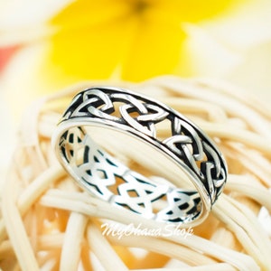 925 Sterling Silver Celtic Knots Ring For Men & Women. 6mm Eternity, Trinity Knot, His Hers Matching Band. Irish Scottish Design Thumb Ring.