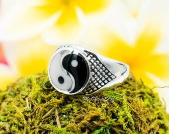925 Sterling Silver Yin Yang Ring for Men, Women. Black & White 