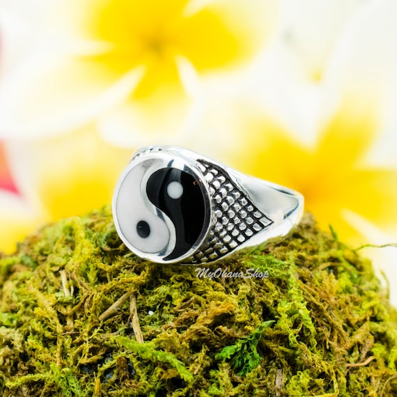 925 Sterling Silver Yin Yang Ring for Men, Women. Black