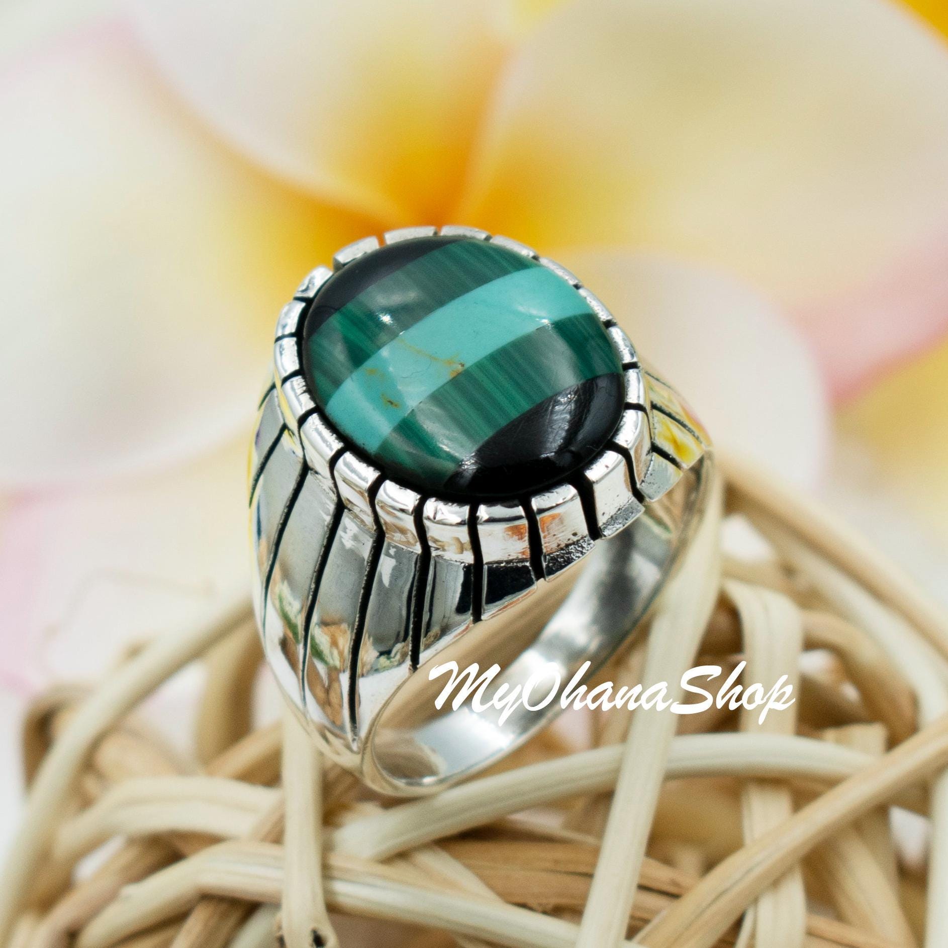 925 Sterling Silver Turquoise, Malachite Ring for Men, Women