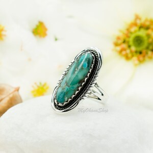 925 Sterling Silver Long Turquoise Ring. 30mm Oval Genuine Blue Green ...