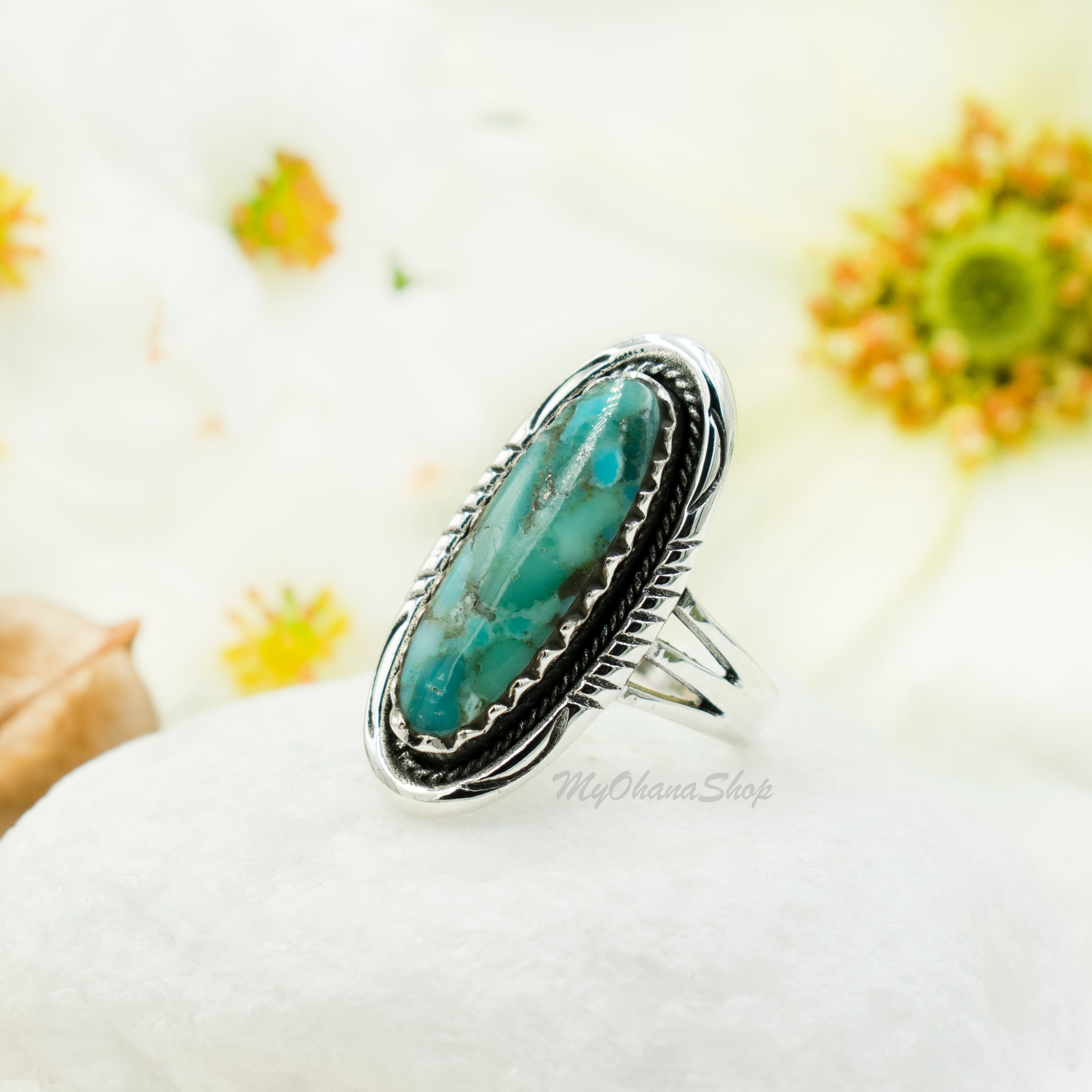 DOCCESTU Turquoise Ring - Sterling Silver Handmade Vintage Style Ring, Natural Turquoise Stone, Bohemian Jewelry For Women, Size 8 - View #8