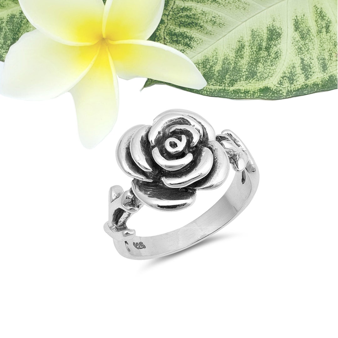 Bague Fine Silverly En Argent 925 - Motif Fleur, Bande Mince Oxydée, Neuve