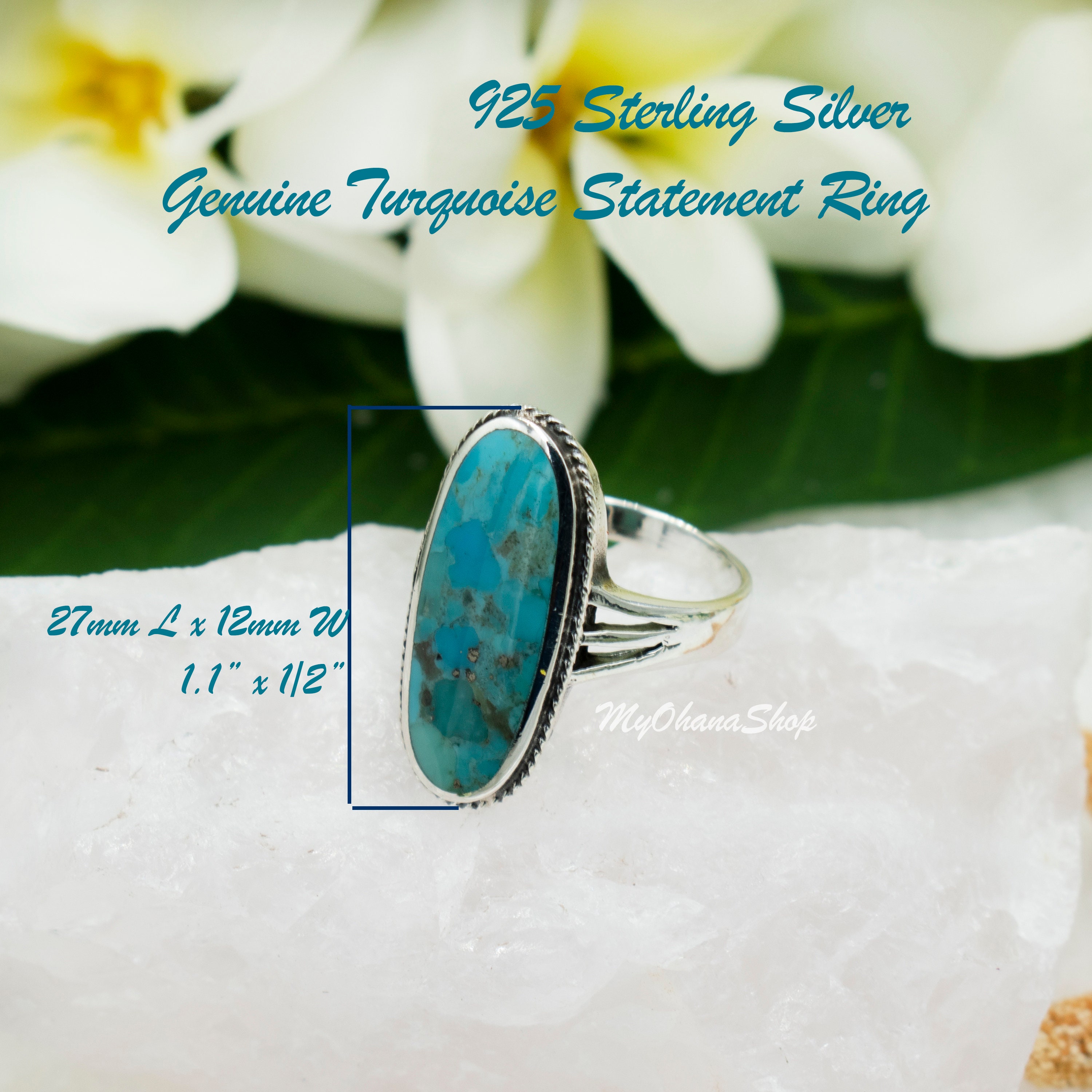 925 Sterling Silver Blue Green Natural Turquoise Ring for