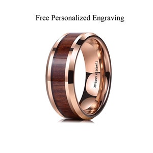 8mm Personalized Tungsten Carbide Ring With Real Hawaiian Koa Wood Inlay For Men, Women. Chic Statement, Aniversary, Wedding, Thumb Band.