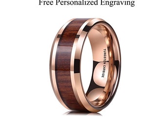 8mm Personalized Tungsten Carbide Ring With Real Hawaiian Koa Wood Inlay For Men, Women. Chic Statement, Aniversary, Wedding, Thumb Band.