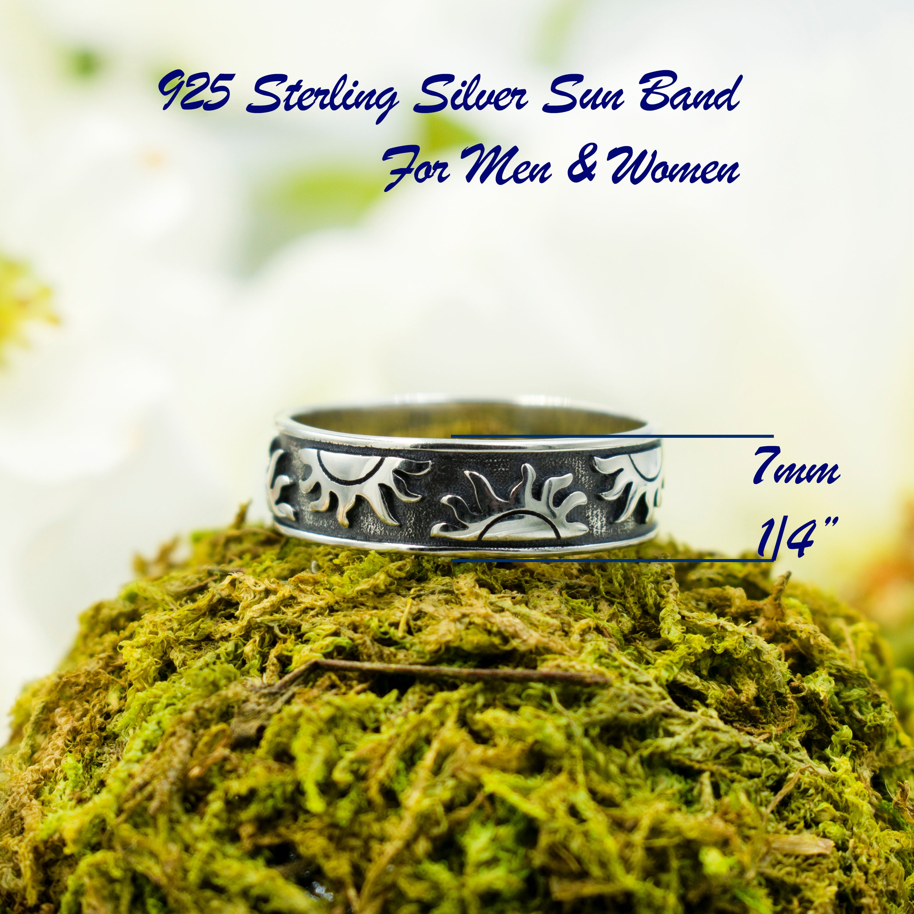 925 Sterling Silver Sun Band Ring for Men & Women. 7mm Solstice 