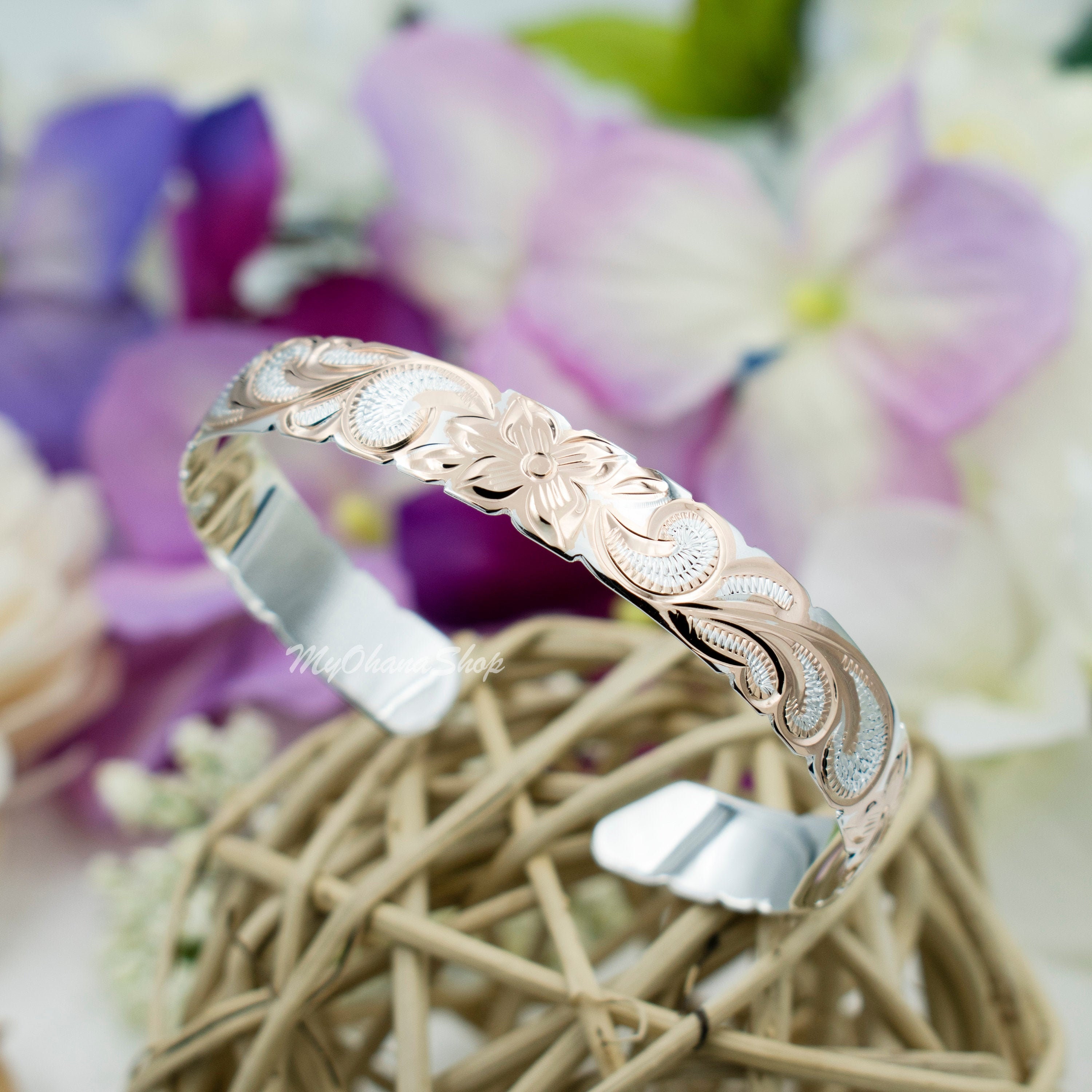 925 Sterling Silver Royal Hawaiian Cuff Bangle for Women. 8mm