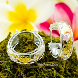 925 Sterling Silver Hawaiian Heritage Hoop Earrings For Women. Medium 3/4&quot;, Handcarved, Hand-engraved, Cutout Plumeria & Scrolls Earrings