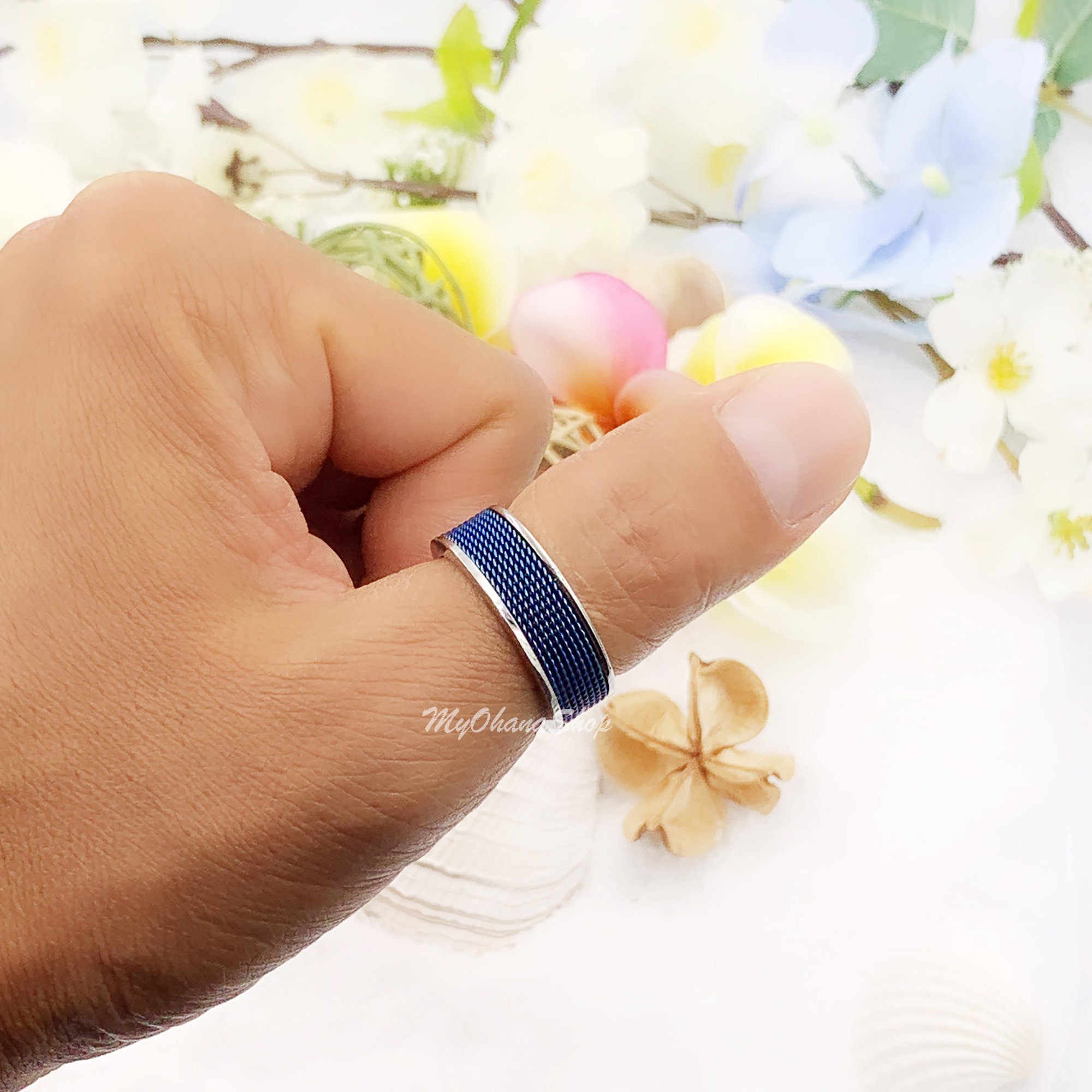 Navy Blue Stainless Steel Mesh Ring for Men, Women. Chic  display picture 3