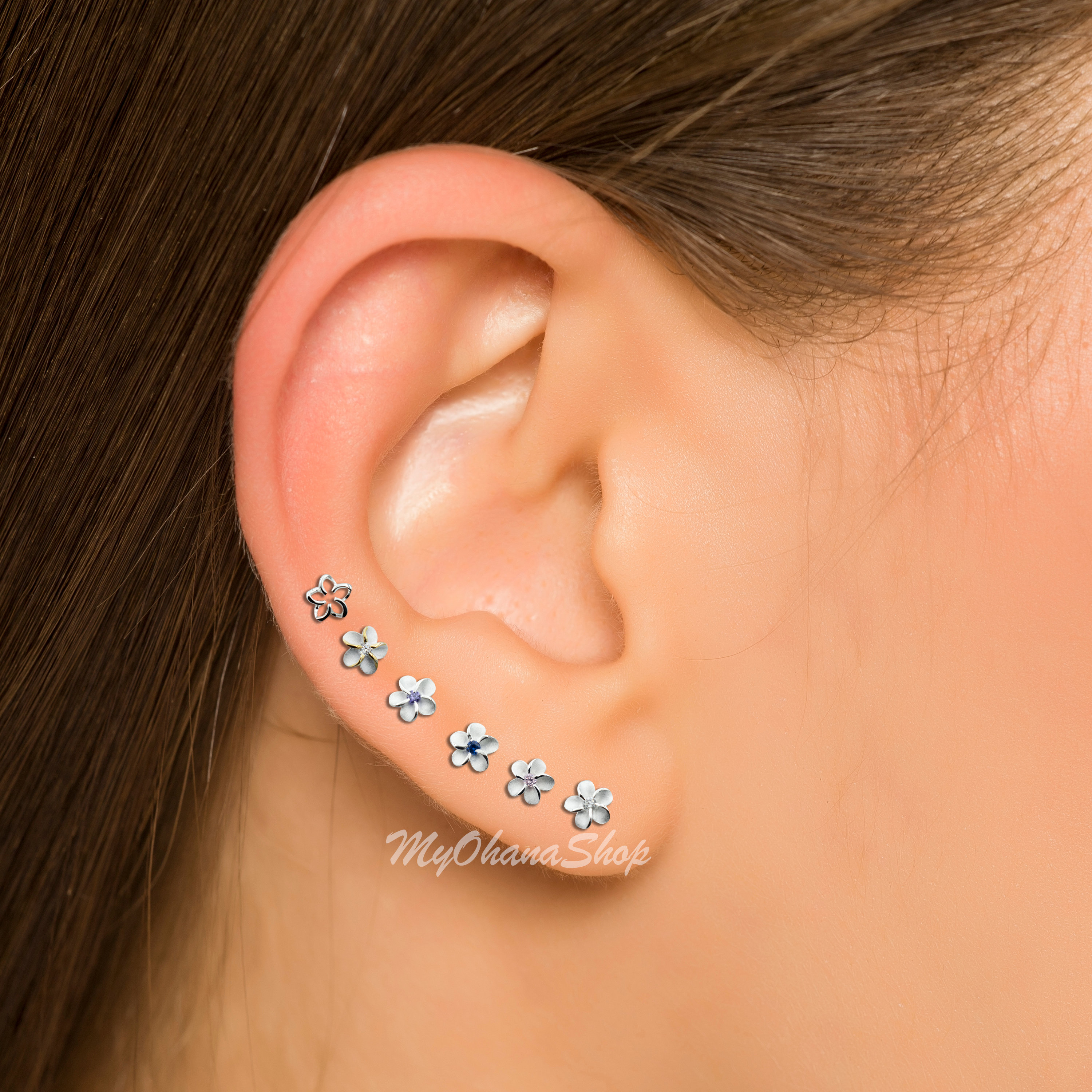 Tiny Silver Plumeria Stud Earrings. 5mm Hawaiian Plumeria