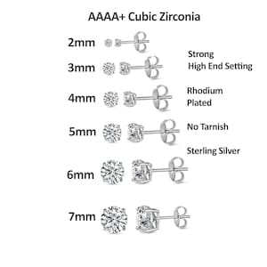 May include: A set of sterling silver cubic zirconia stud earrings in various sizes, ranging from 2mm to 7mm. The earrings are rhodium plated and feature a strong high-end setting.