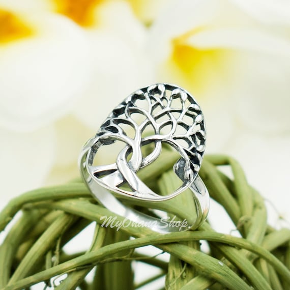925 Sterling Silver Tree of Life Ring for Women, Girls.  22mm Wide Tree & Leaves Ring for Thumb, Index, Ring or Middle Finger. Nature Ring.