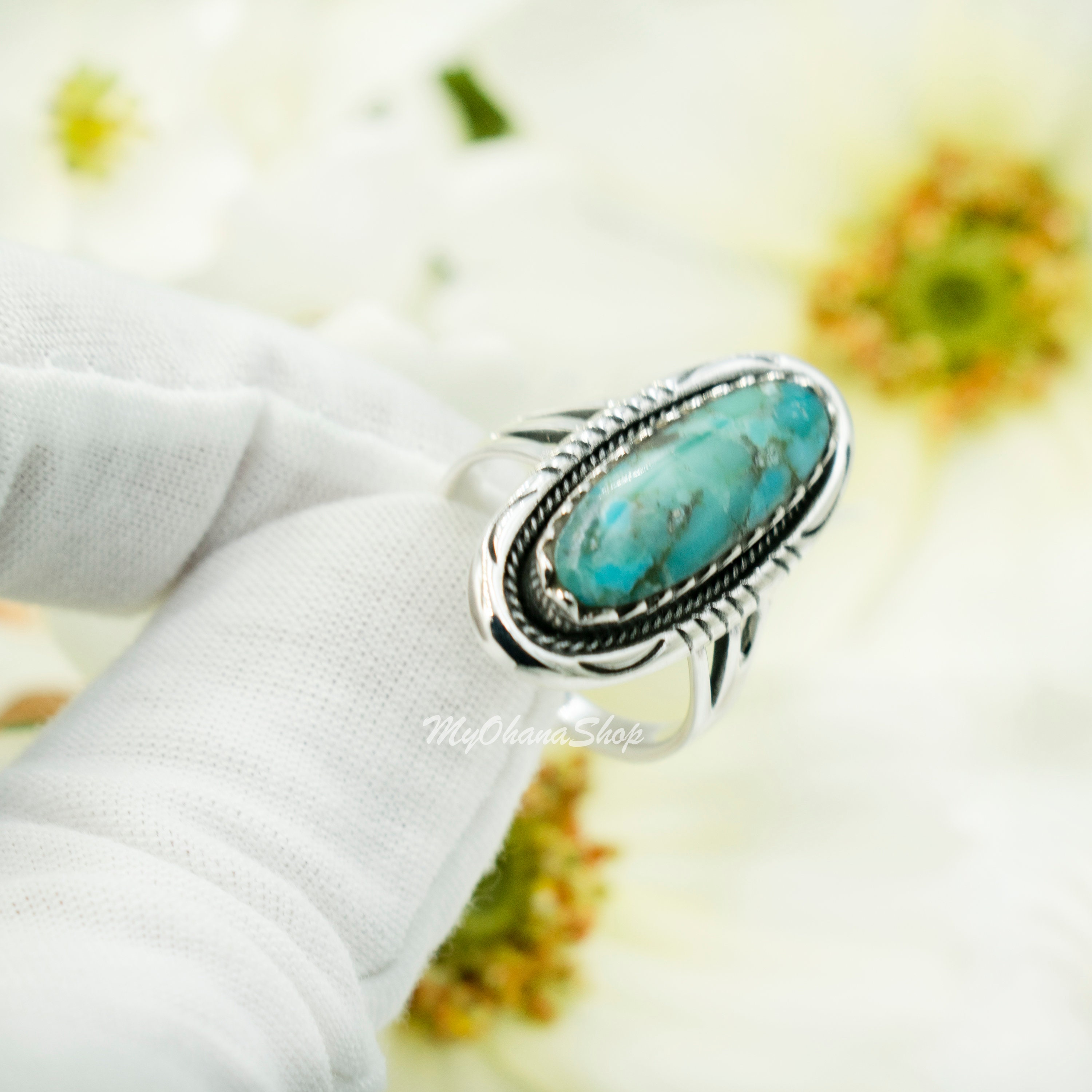 EraVida Vintage Simulated Turquoise Sterling Silver Ring - Oval Green Stone, 925 Silver, Women's Fashion Ring