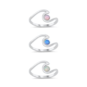 Sterling Silver Ocean Tidal Wave Ring With Blue, White, Pink Opal For Teens Girls Women Surfers. Tropical Island Beach Jewelry. Gift For Her