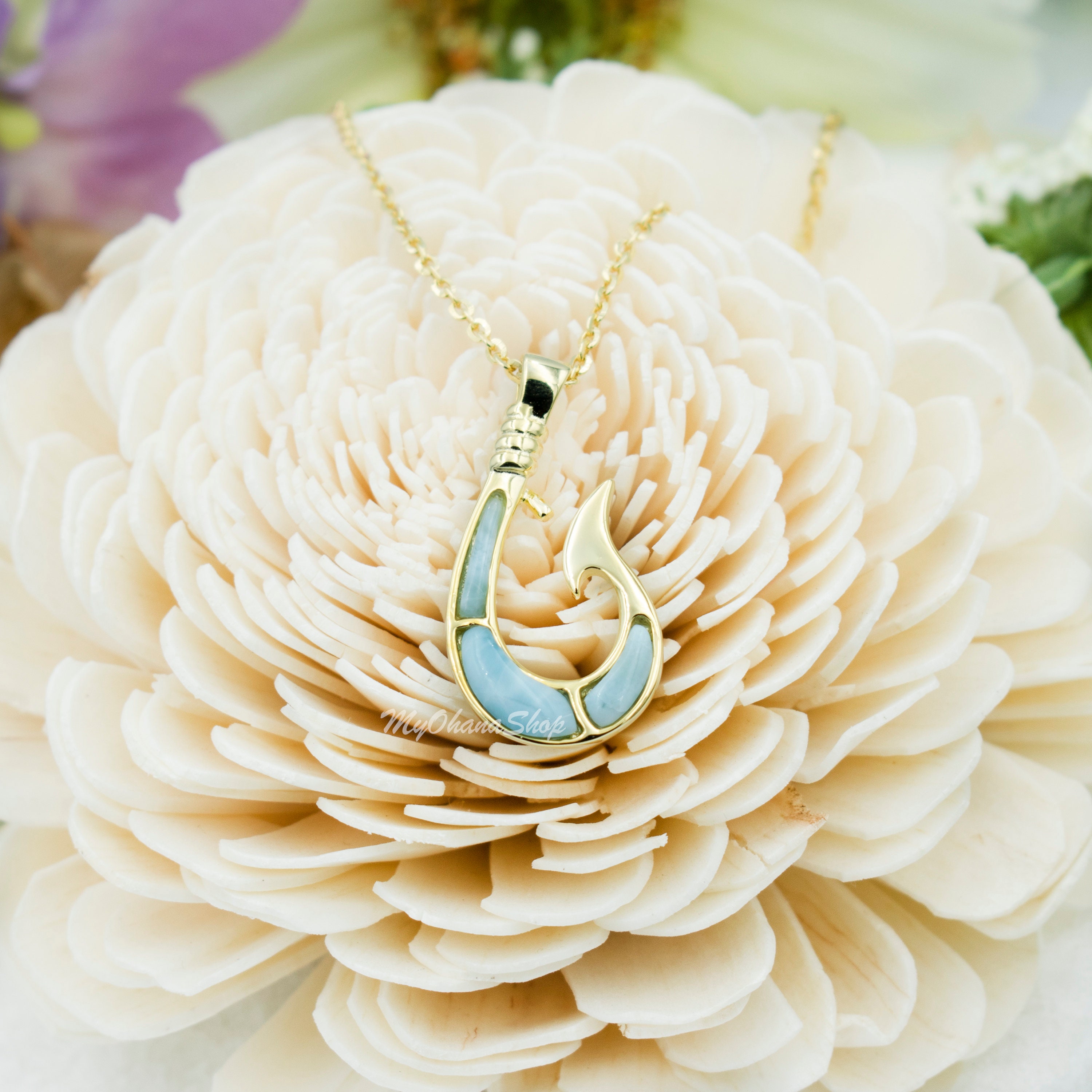 14K Gold Plated Silver Larimar Fish Hook Necklace for Men, Women, Boys,  Girls. Tropical Sea Life, Hawaiian Pendant Jewelry. Gift for Her. 