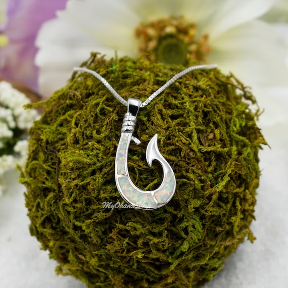 925 Sterling Silver Opal Fish Hook Necklace for Men, Women, Boys