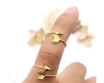 Sterling Silver Arrow Ring Gold Plated For Boys, Girls & Women. Stackable, Adjustable, Wraparound Thumb, Midi, Pinky, Knuckle Ring.