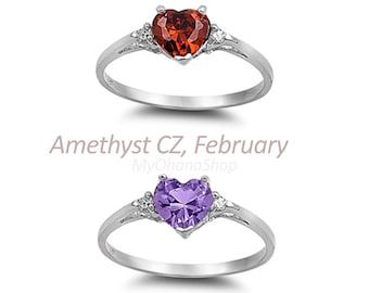 925 Sterling Silver Birthstone Heart Ring For Girls, Women. Birthdays, Valentine's Day CZ Heart Rings For Her.  Engagement & Wedding Ring.