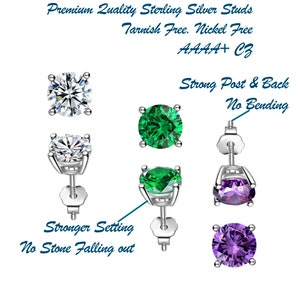 May include: Sterling silver stud earrings with a choice of clear, green, or purple cubic zirconia stones. The earrings feature a strong post and back, and a secure setting to prevent the stones from falling out.