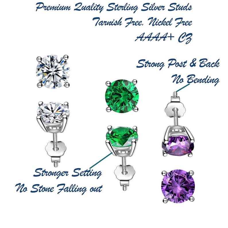 May include: Sterling silver stud earrings with a choice of clear, green, or purple cubic zirconia stones. The earrings feature a strong post and back, and a secure setting to prevent the stones from falling out.