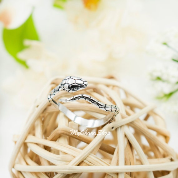 Sterling Silver Adjustable Snake Ring For Women, Girls. Wrapped Around Serpent For Pinky, Middle, Index, Thumb Ring. Nature Snake Jewelry.