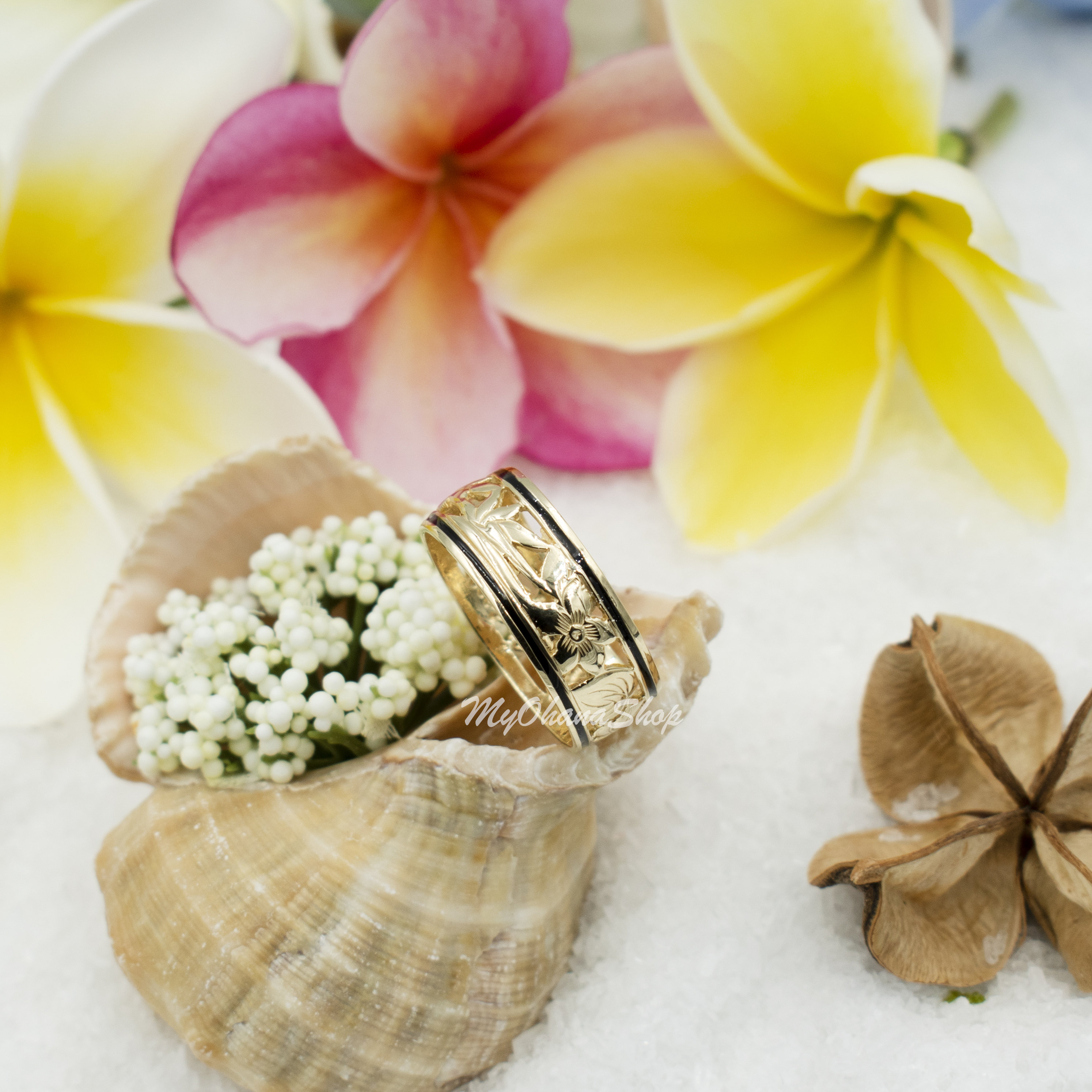 14K Gold Seven Flowers Hawaiian Ring for Women, Girls. 8mm, 7 Days