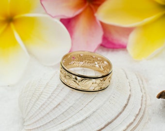 Solid Gold Hawaiian Jewelry Ring with Wave Edges [8mm width