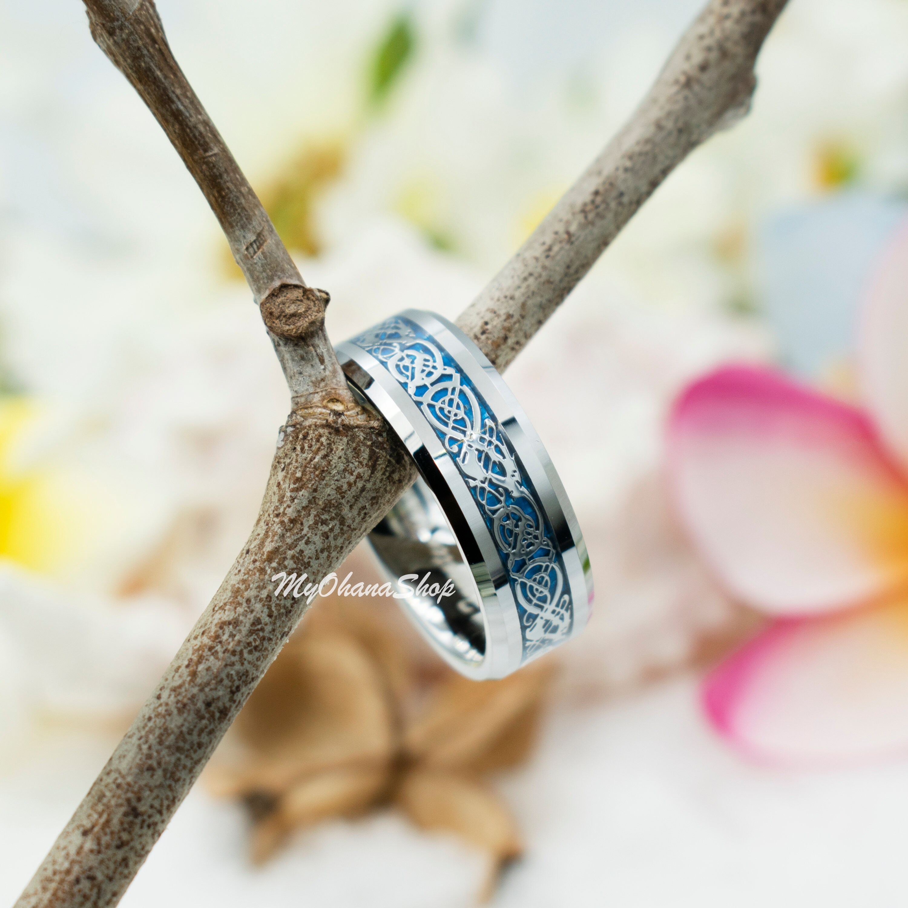 8MM Celtic Dragon Tungsten Carbide Ring - Blue Background Wedding Band Size 9.5 - View #2
