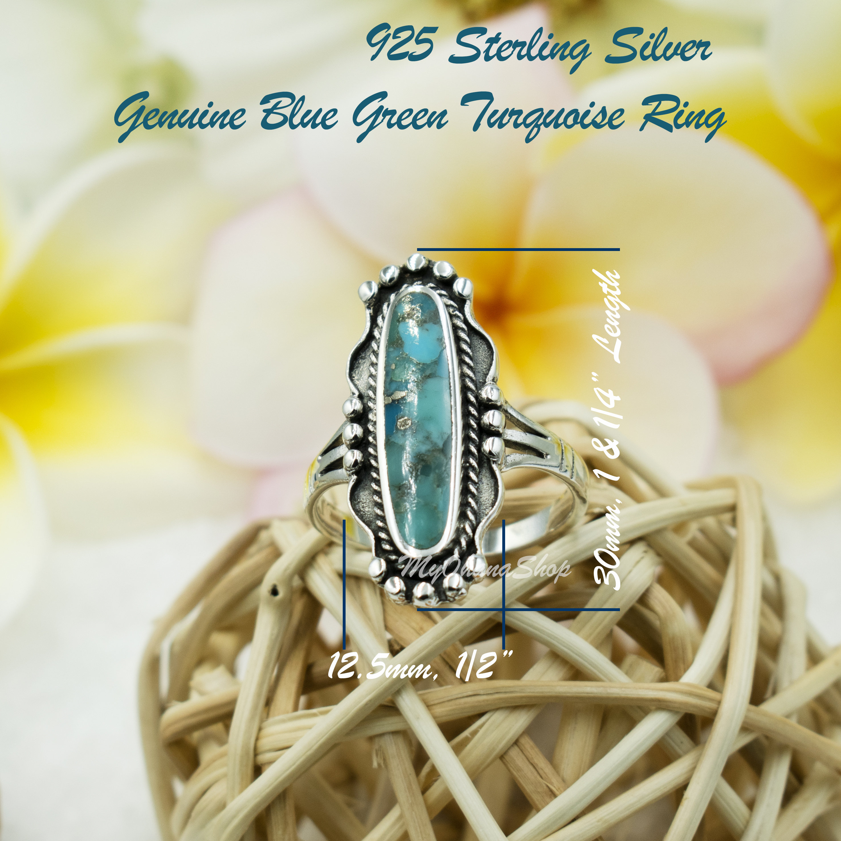 925 Sterling Silver Genuine Turquoise Ring for Women, Girls. 30mm