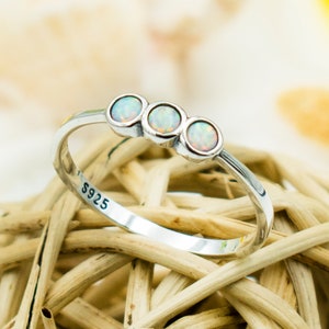 925 Sterling Silver White or Blue Opal Ring For Women. 5mm Round Opals, Dainty, Skinny Stackable Pinky, Statement, Index, Thumb Ring.