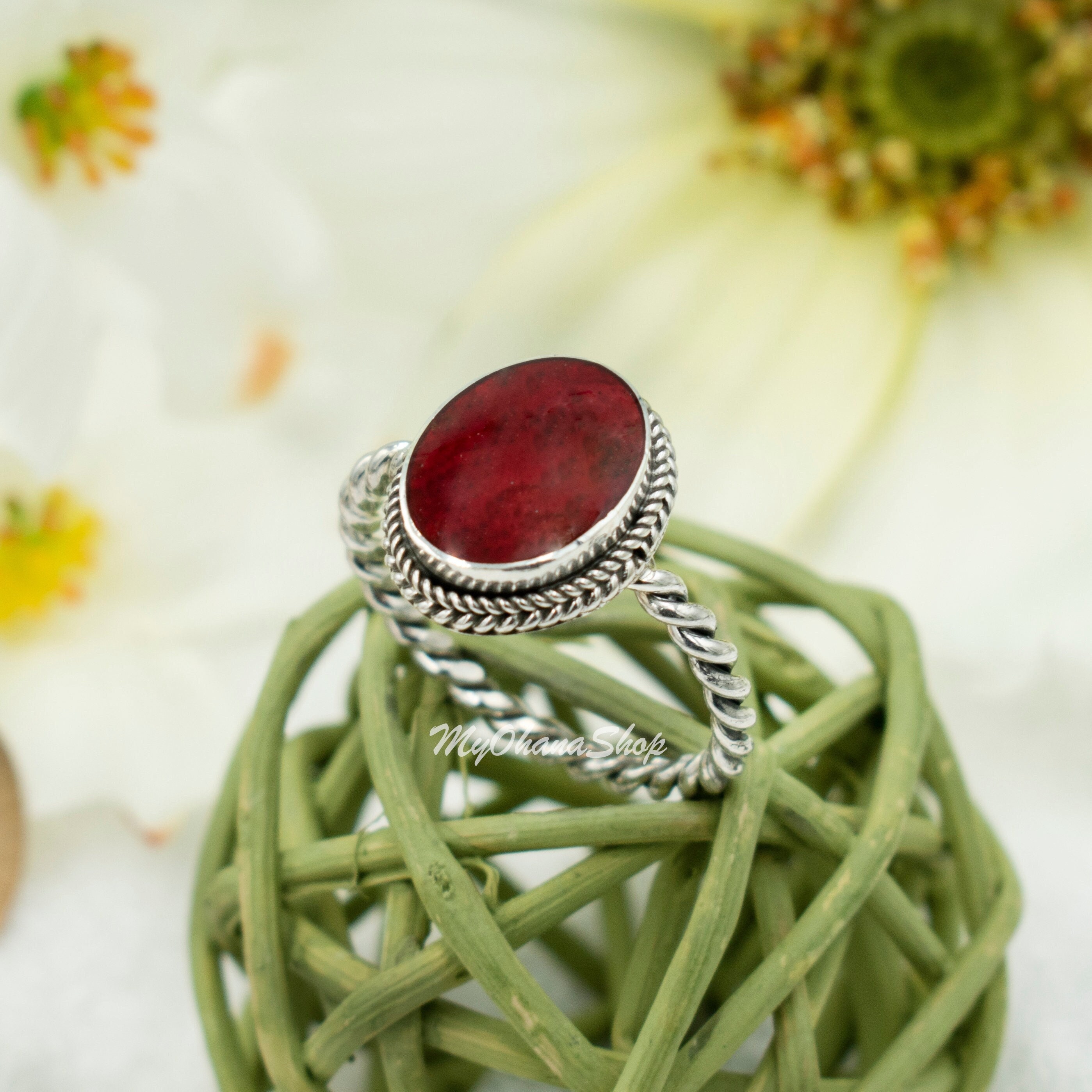 925 Sterling Silver Red Coral Ring For Women, Girls. Real, Precious Ocean Red Coral Statement Ring. Marine, Ocean Gem Jewelry. Gift For Her