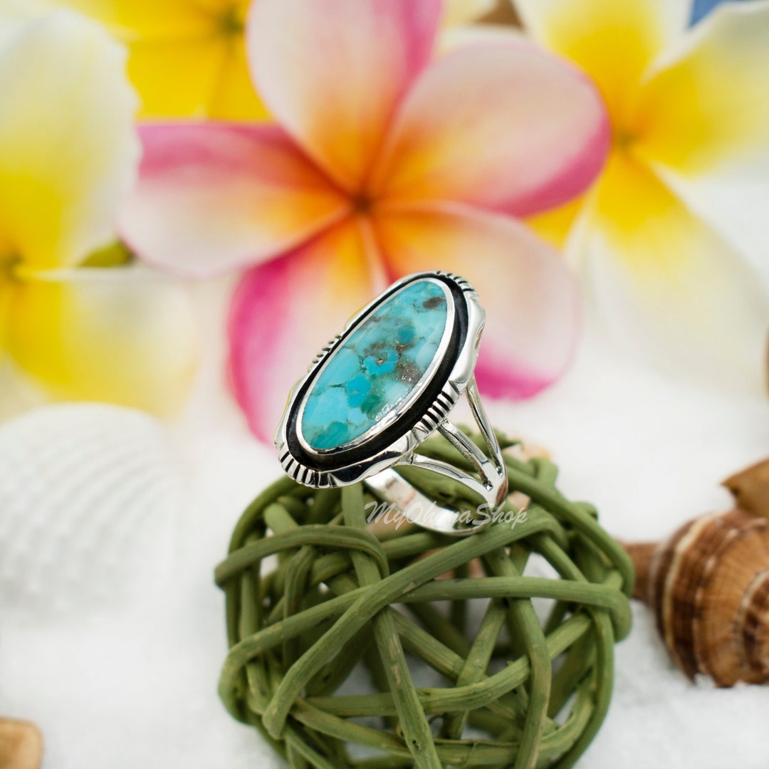 925 Sterling Silver Large Oval Genuine Turquoise Ring for Women. 26mm ...