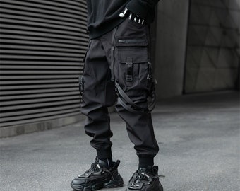 Men's Techwear Paratrooper Matte Black Joggers Streetwear Fashion Pants with Straps