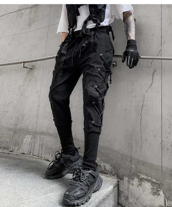 Black Ninja Joggers For Men Streetwear Fashion Dark Pants With Straps Clothing Mens Clothing Trousers 