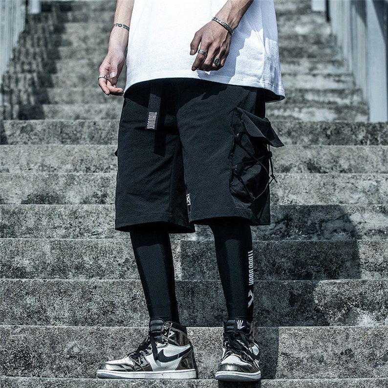Techwear shorts lightweight streetwear black with waist bag | Etsy