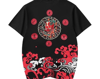 新品⭐︎HOTEI ドラゴン刺繍 Tシャツ レッド 赤鬼面Tシャツ - 刺繍入りの日本の鬼Tシャツ | ストリートウェア、妖怪