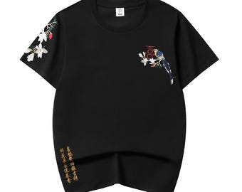ET513 Camiseta bordada con flores y pájaros