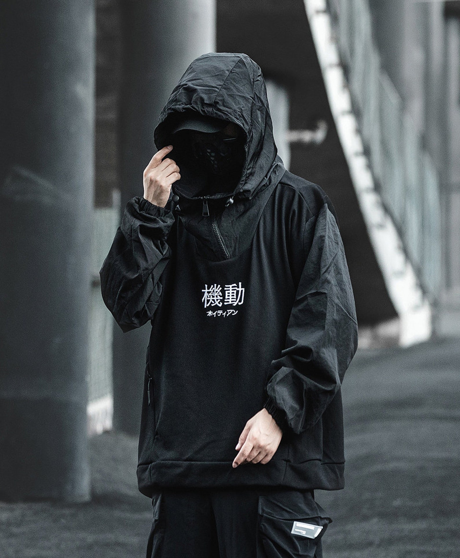 Japanese Kanji Jacket Mens Shadow Black Windbreaker Techwear Etsy