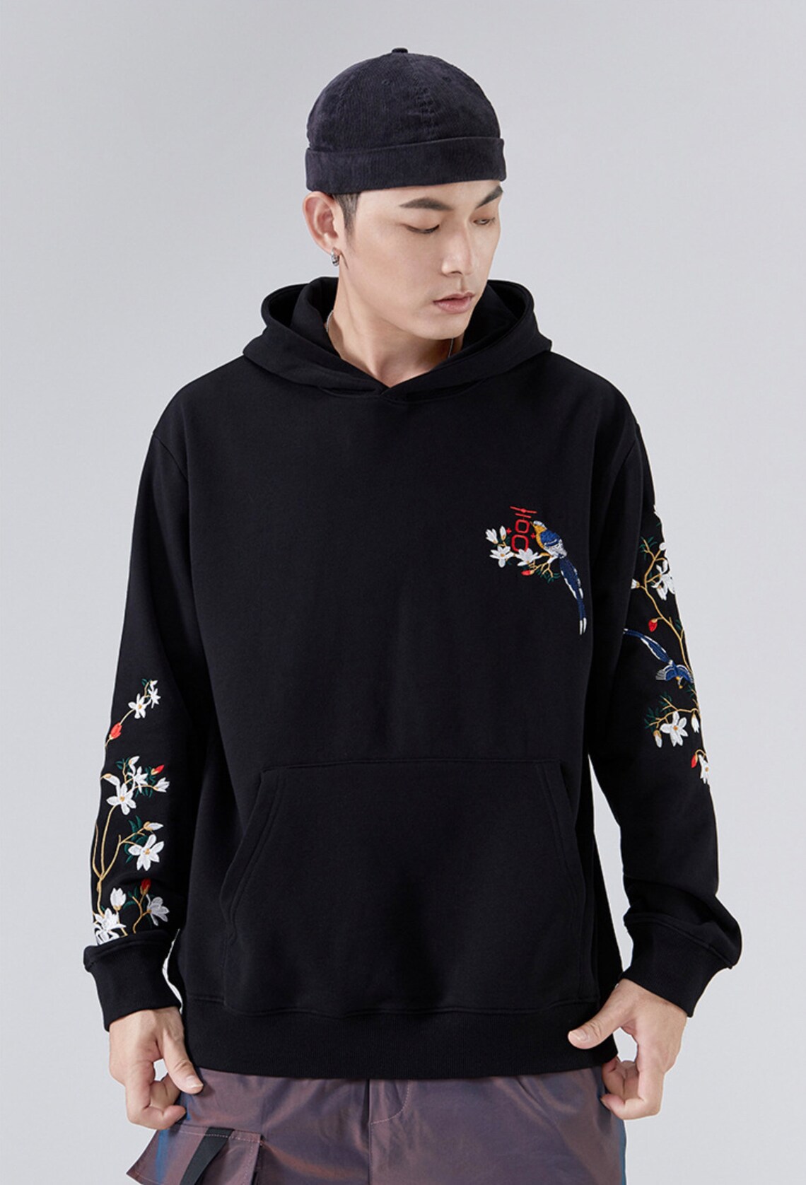 Japanese Fleece Embroidery Hoodie Harajuku Bird and Flowers Etsy