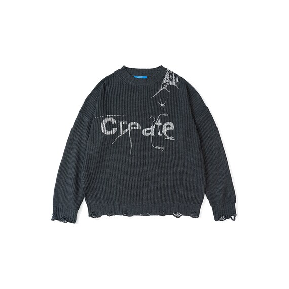 Punk Black Ripped Sweater Streetwear 