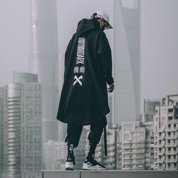 Japanese Streetwear Black Long Hoodie Techwear Cyberpunk Trench Coat Futuristic Gothic Clothing