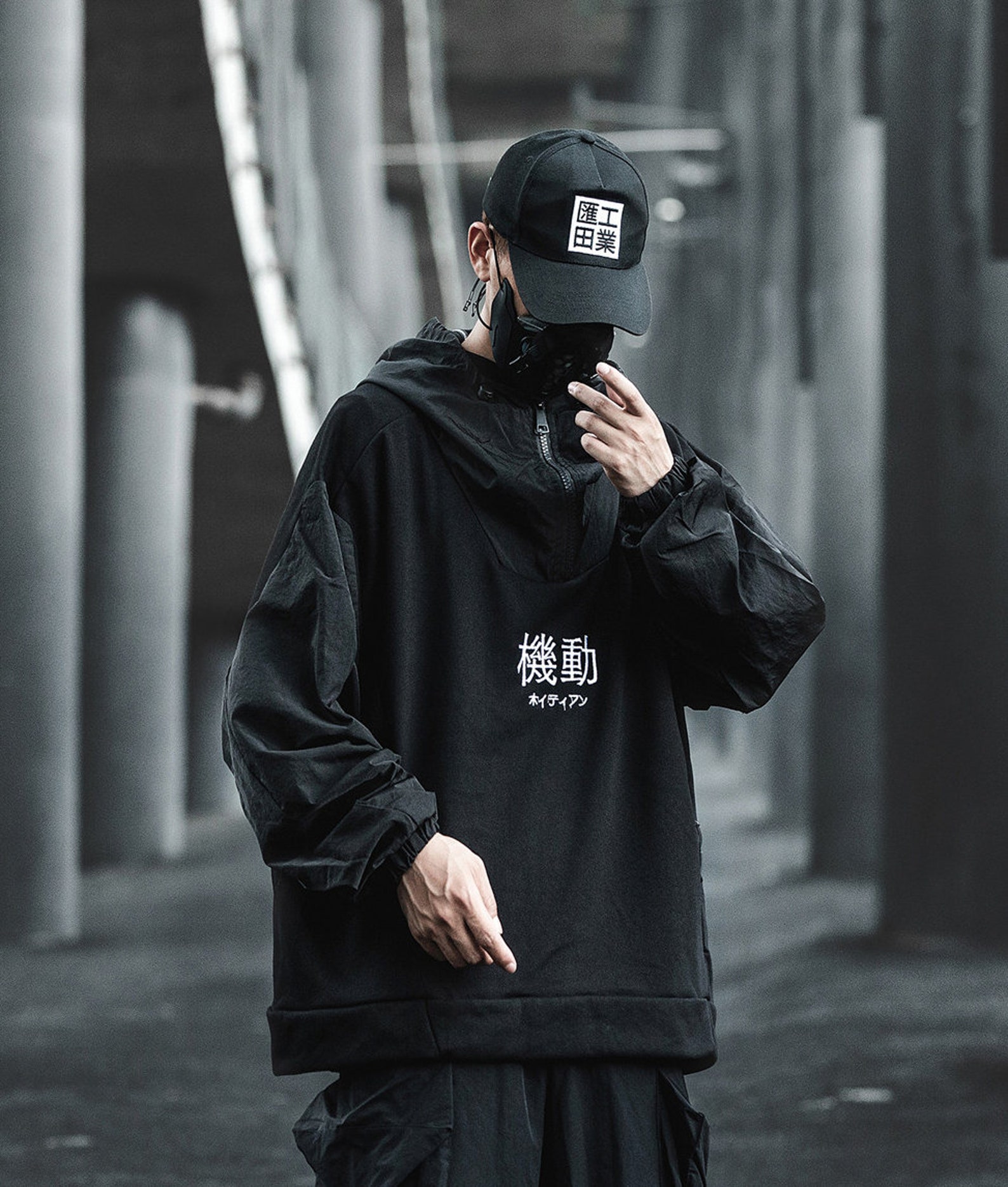 Japanese Kanji Jacket Mens Shadow Black Windbreaker Techwear Etsy