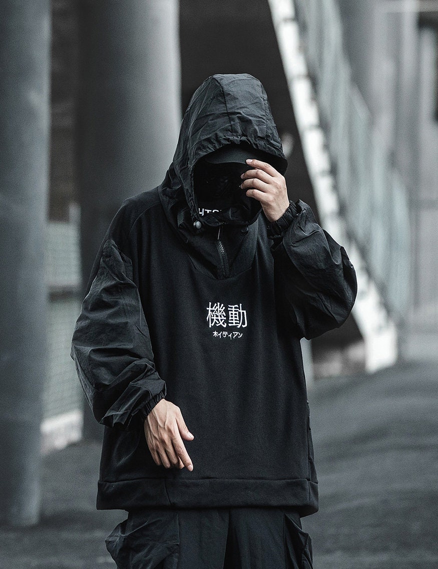 Japanese Kanji Jacket Mens Shadow Black Windbreaker Techwear | Etsy