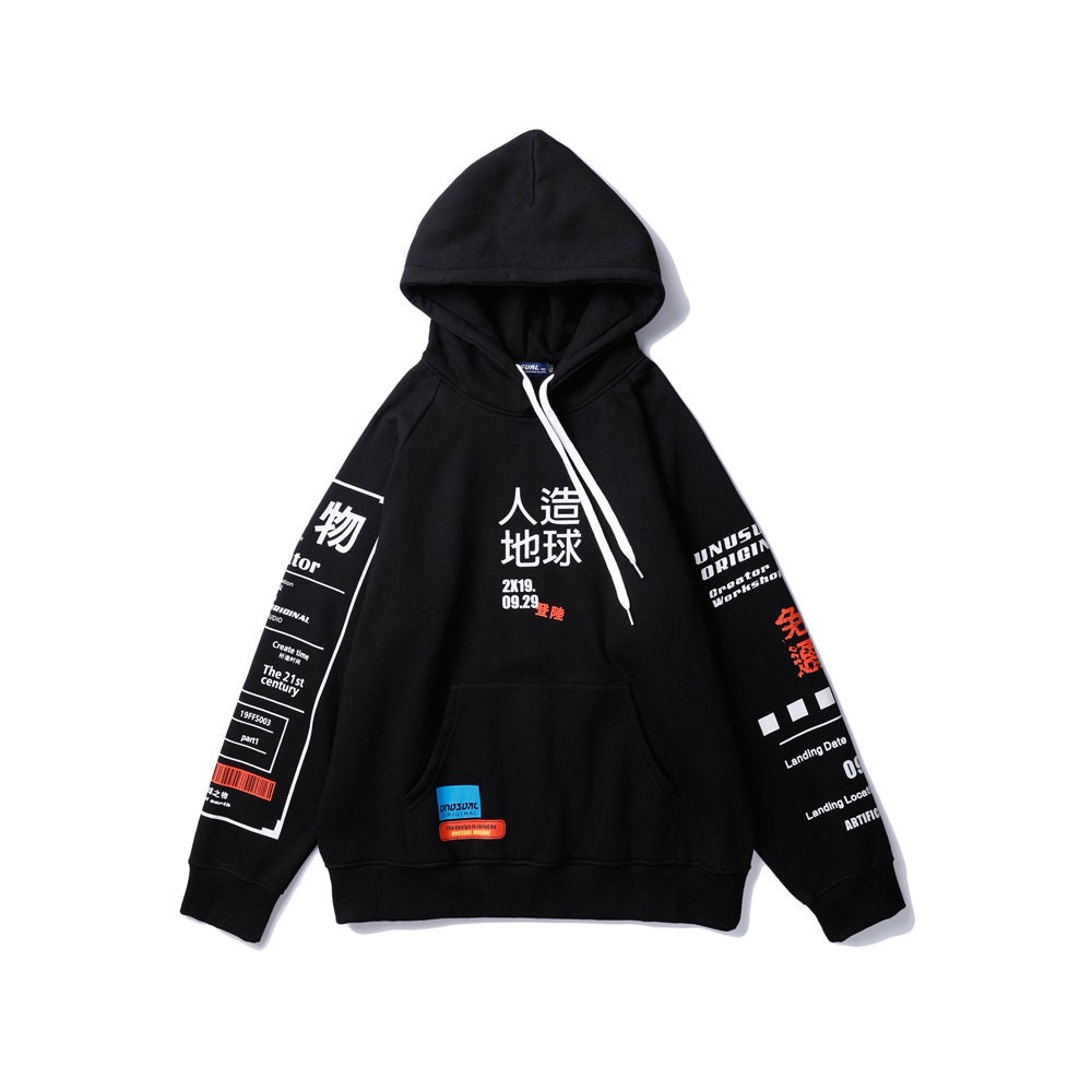 Japanese Harajuku Streetwear Kanji Graphic Hoodies for Men Urban Fash…
