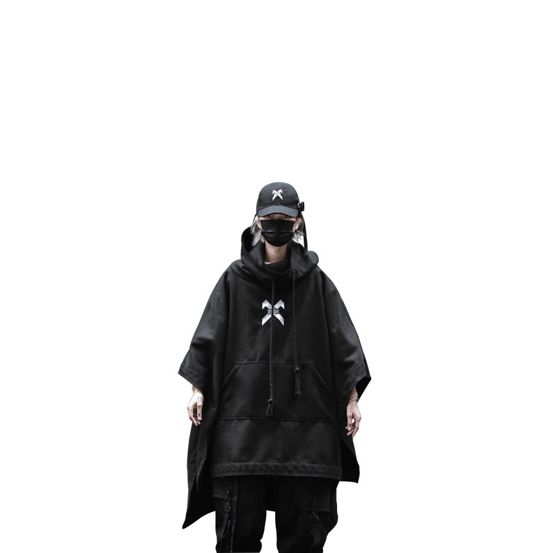 Men's Streetwear Fashion Oversized Black Cloak Techwear Cotton Hooded Pullover 