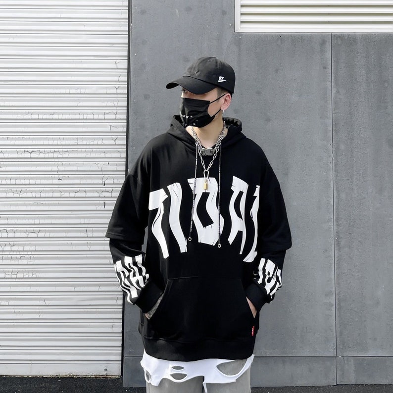 Streetwear Black Tidal Wave Hoodie For Men Hip-Hop Fashion Long Sleeve Pullover 