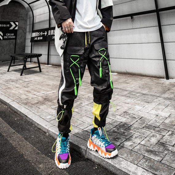 Techwear Neon Pants Men Cyberpunk Black Harem Streetwear | Etsy